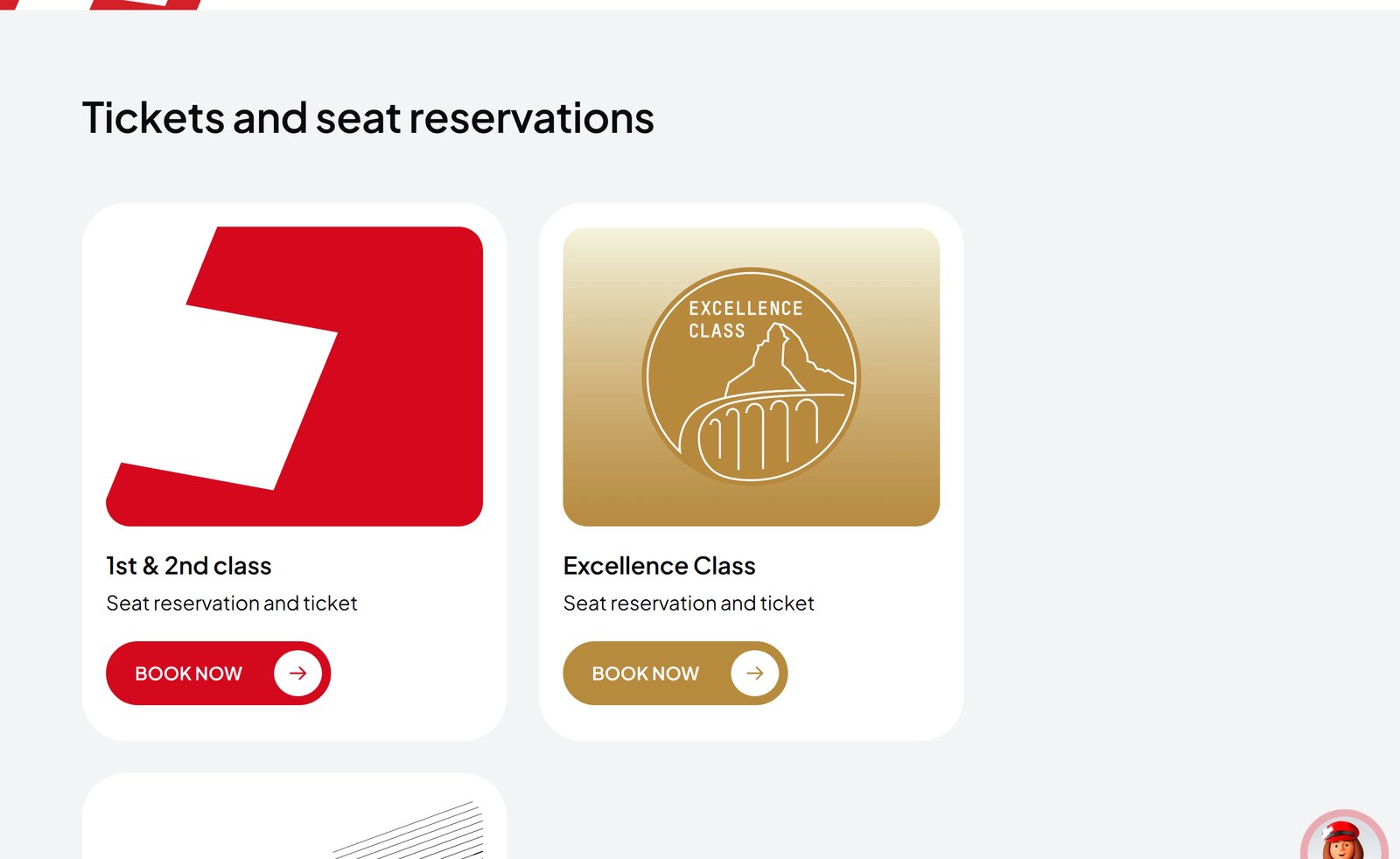 氷河特急公式サイトの予約入口。1st & 2nd classとExcellence Classの選択画面