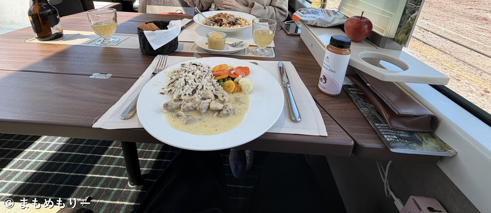 氷河特急の座席に運ばれてきたコースランチのメイン料理