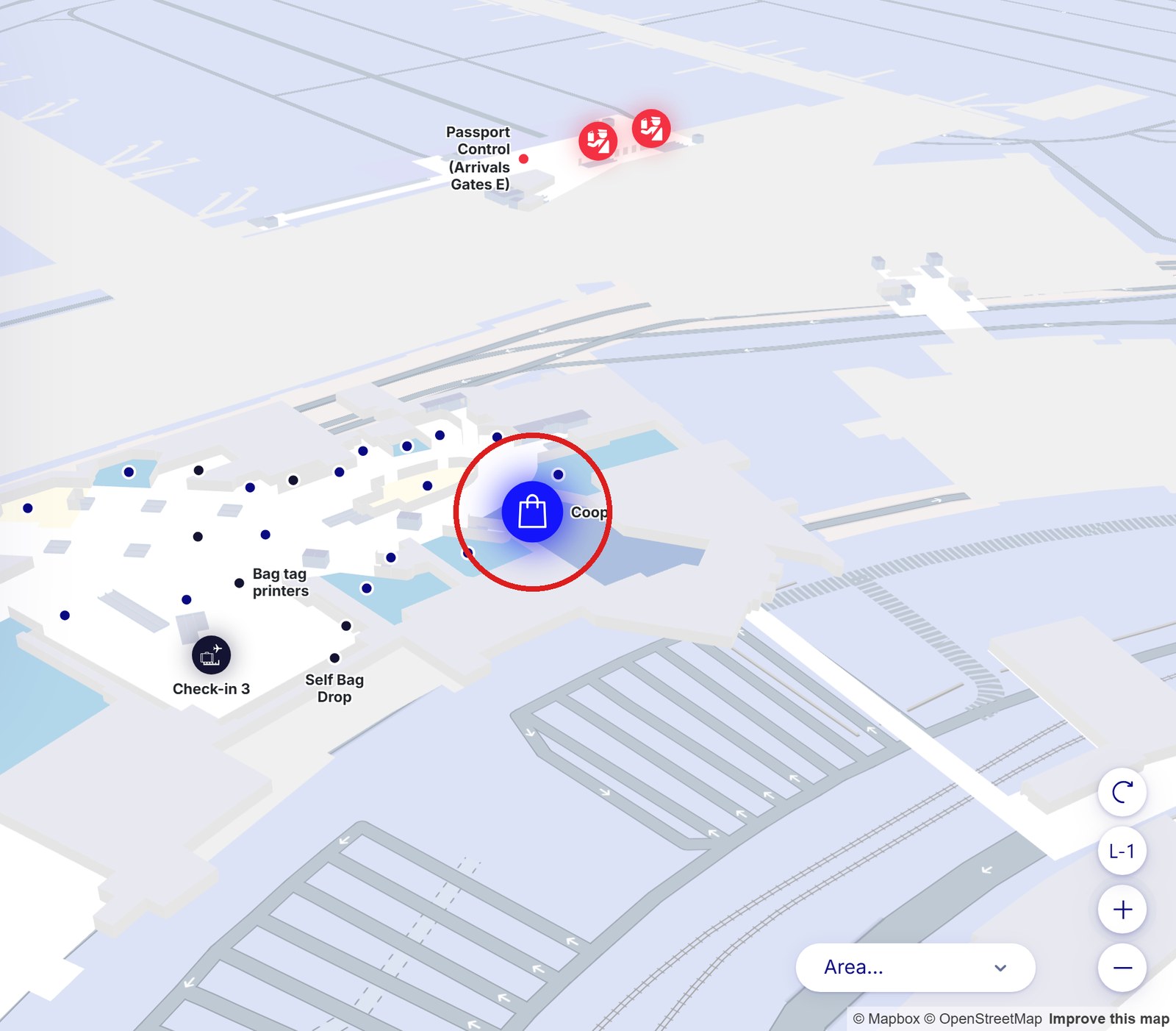 チューリッヒ空港の公式マップ。COOPはチェックイン3のとなりにある