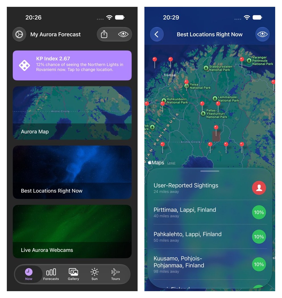 オーロラ予報アプリ My Aurora Forecast & Alerts の画面